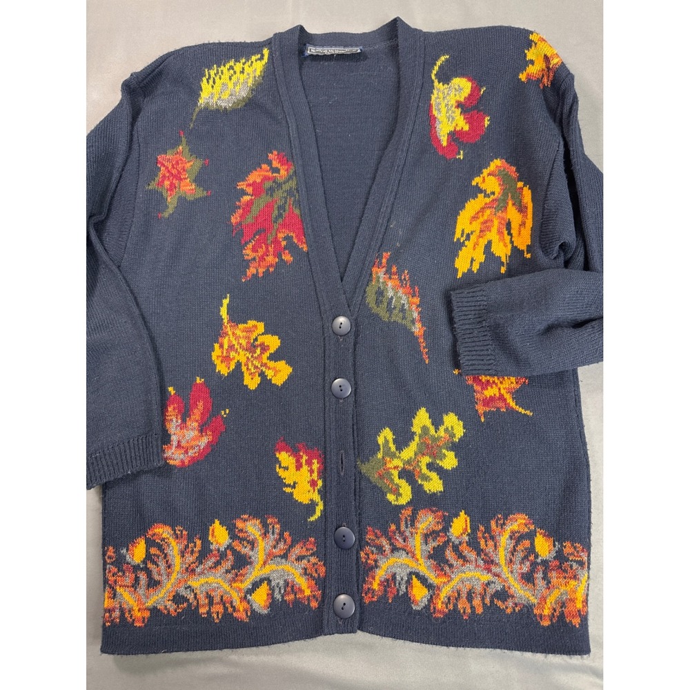Norton McNaughton Petite Navy Blue Autumn Leaf Knit Cardigan Sweater Vintage